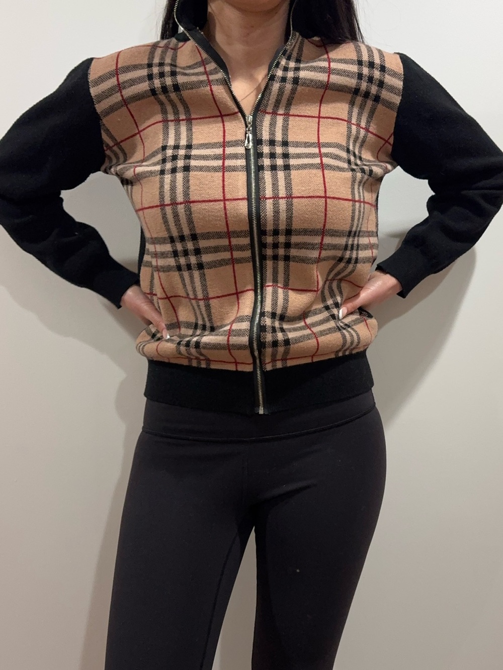 Burberry Beige Plaid Bomber Jacket with Black Sleeves